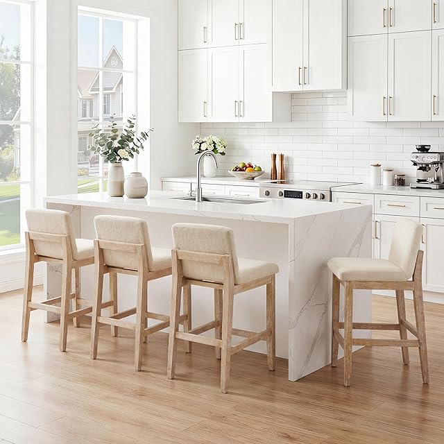 Scingu beige upholstered bar stools at a kitchen island
