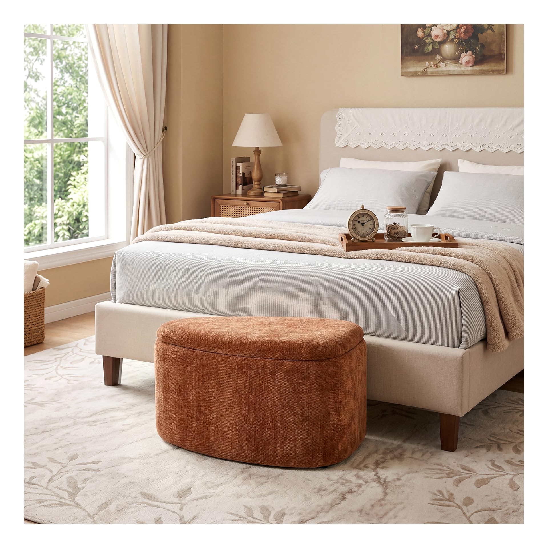 Scingu multi-functional upholstered ottoman in a warm interior